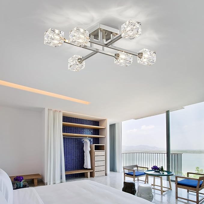 XINGQI Brushed Nickel Ceiling Light Fixture 6-Light Modern Sputnik Chandelier Semi Flush Mount Ceiling Lights for Bedroom Dining Room Living Room Entryway