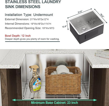 Lordear 21 Inch Laundry Sink Stainless Steel 21x18x12 Undermount Sink Single Bowl 16 Gauge Stainless Steel Deep Laundry Room 12 Inch Deep Utility Sinks