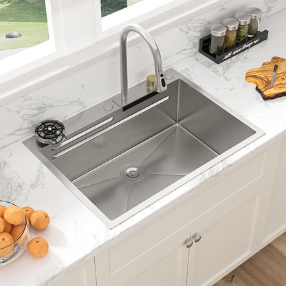 Sarlai 28 Inch Waterfall Kitchen Sink Drop In - 28x22 Waterfall Drop Workstation Stainless Steel 16 Gauge Multifunction Single Bowl Smart Top Mount Kitchen Sink with Faucet Combo