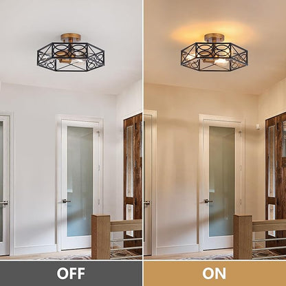 Industrial Semi Flush Mount Ceiling Light Fixture, Retro Gold Close to Ceiling Light with Black Metal Hexagon Cage, Vintage Farmhouse 3-Light Ceiling Lamp for Kitchen, Hallway, Bathroom
