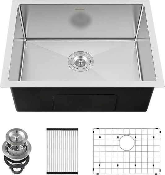 22-Inch Undermount Kitchen Sink, SINKVINE 22" x 18" Stainless Steel Bar Sink Single Bowl Outdoor, Handmade Laundry Basin with 3.5-inch Drain Strainer, Bottom Grid Protector, and Roll-up Drying Unit