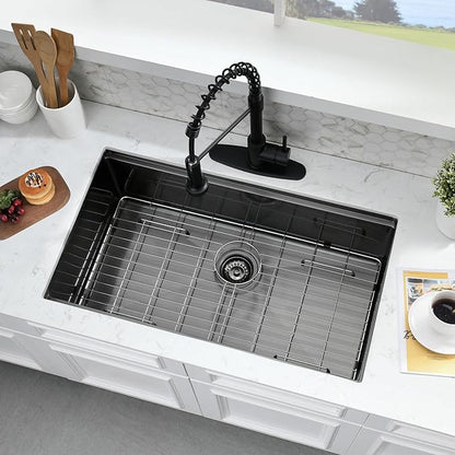 32 Inch Undermount Kitchen Sink Black - 16 Gauge Black Satainless Steel Kitchen Sink Undermount 32x19,10 Inch Deep Single Bowl Workstation Sinks with Accessories
