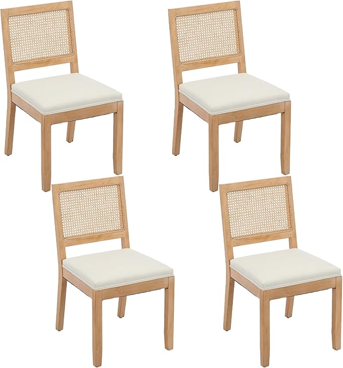 Modern Wooden Dining Chair Set of 4, Farmhouse Kitchen & Dining Room Chair with Solid Wood Legs, Rattan Upholstered Kitchen Chairs for Restaurant/Living Room (Beige, Set of 4)