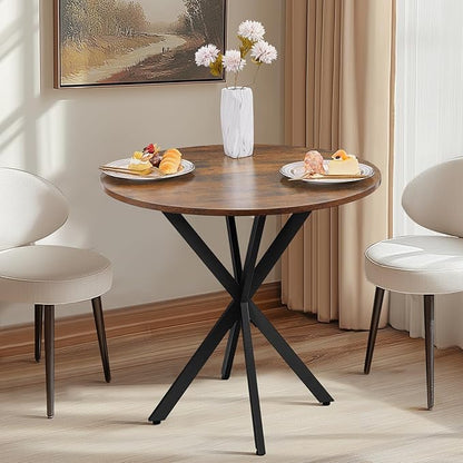 Unovivy 31.5" Small Round Dining Table for 2-4, Space Saving Circle Kitchen Dinner Table, Industrial Mid Century Modern Dining Room Desk for Kitchen, Apartment, Rustic Brown