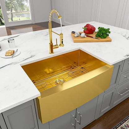 Lordear 30 Inch Gold Farmhouse Sink 30X21 Kitchen Sink Apron Front 16 Gauge Stainless Steel Matte Gold Deep Single Bowl Farm Sinks Basin