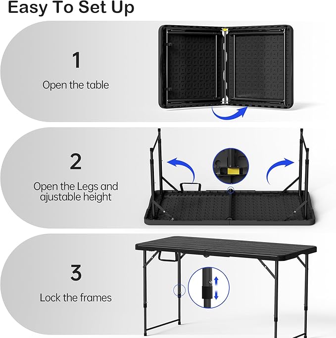 Folding Table 4 Foot for Indoor Outdoor, Portable Heavy Duty Fold-in-Half Utility Small Plastic Adjustable Height Folding with Carrying Handle for Picnic Camping and Party, Matte Black