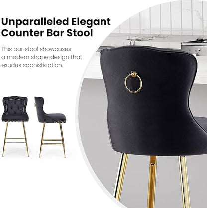 Luxurious Velvet Counter Height Bar Stools Set of 2 with Metal Legs, Button Tufted, Nailheads Trim, Wing-Back Bar Chairs for Kitchen Island Dining Room Pub(Black)