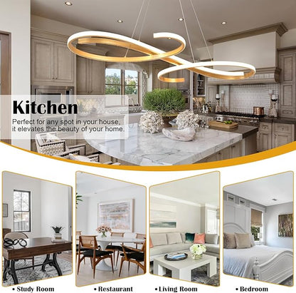 Gold LED Chandelier, Dimmable Modern Pendant Light with Remote - Contemporary Ceiling Light Fixture for Dining Room, Kitchen Island & Living Room