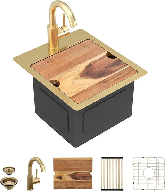 13"x15" Drop In Bar Prep Sink Workstation – Brushed Gold NANO-PVD, 16 Gauge 304 Stainless Steel, Single Bowl Top Mount Wet Bar RV Outdoor Kitchen Sink with Faucet