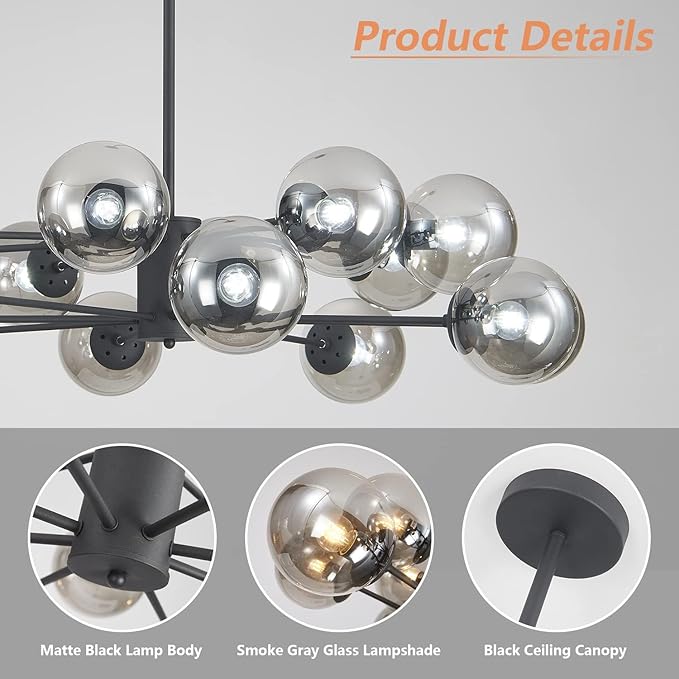KCO Lighting Mid Century Modern Sputnik Chandelier Matte Black Smoke Gray Glass Sputnik Pendant Light 16-Light Globe Chandelier Farmhouse Kitchen Island Lighting Fixture (Black+Smoke Gray)