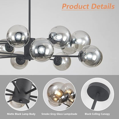 KCO Lighting Mid Century Modern Sputnik Chandelier Matte Black Smoke Gray Glass Sputnik Pendant Light 16-Light Globe Chandelier Farmhouse Kitchen Island Lighting Fixture (Black+Smoke Gray)
