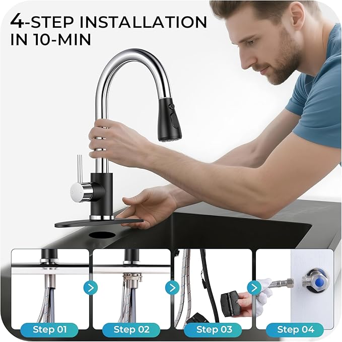 Kitchen Faucet with Pull Down Sprayer - Black & Chrome Single Handle Kitchen Faucets, High Arc Stainless Steel Pull Out Kitchen Sink Faucet with Deck for RV Laundry Farmhouse Bar