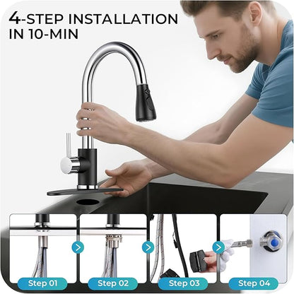 Kitchen Faucet with Pull Down Sprayer - Black & Chrome Single Handle Kitchen Faucets, High Arc Stainless Steel Pull Out Kitchen Sink Faucet with Deck for RV Laundry Farmhouse Bar