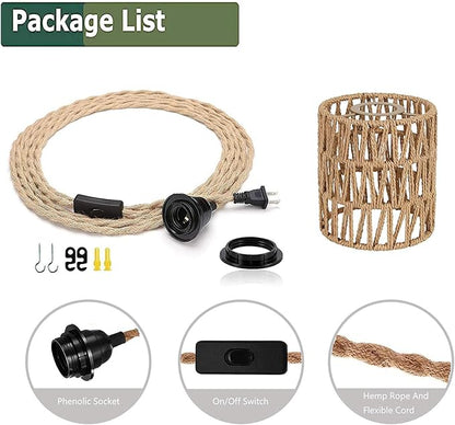 Boho Plug in Pendant Light, Hanging Light with Plug in Cord, Ceiling Lamp Rattan Cylinder Lamp Shade On-Off Switch, Hanging Plant Shelf Shelves Bohemian Decor for Bedroom Living Room Corner