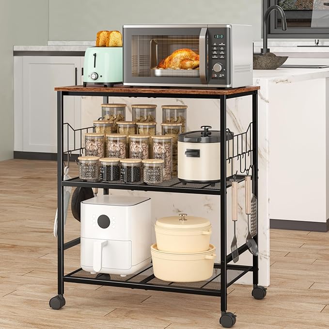 Toutrop Rolling Kitchen Microwave Cart with Wheels, 3 Tier Microwave Storage Cart with Adjustable Shelves, Coffee Table, Utility Cart for Kitchen, Living Room, Office, Laundry Room