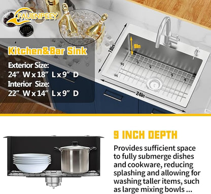 Kitchen Sink, 24x18 Inch Stainless Steel Drop In Topmount Kitchen And Bar Sink Stylish And Modern Look With Bottom Grid,Silicon Mat And Drain Assembly Add Elegance & Enhance Usability
