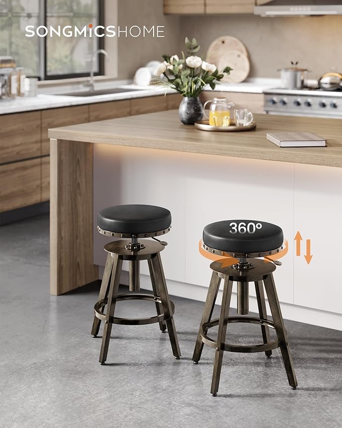 SONGMICS Home Bar Stools, Set of 2, Steampunk Counter Stool for Kitchen, Adjustable Height and Swivel Padded Seat, Workbench Stool, 16.5 x 19.3 x 24.6-29.3 Inches, Ink Black ULJB096B01