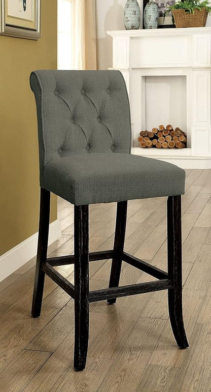Rustic Gray Counter Height Chairs Set of 2, Chenille Upholstered Dining Chairs with Scrolled Backs for Kitchen Island