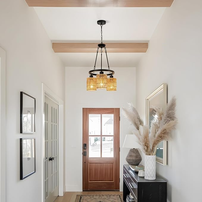 3-Light Boho Rattan Chandeliers for Dining Room,Farmhouse Wagon Wheel Chandeliers,Adjustable Height Hanging Round Pendant Lighs for Kitchen Island,Wicker Lampshade Chandelier Light Fixture