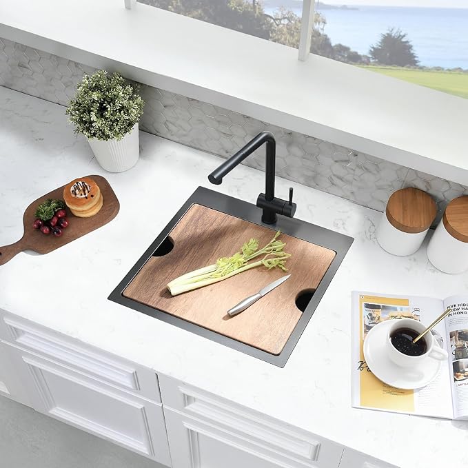 21x20 Black Bar Sink Drop In - 16 Gauge Black Stainless Steel Small Kitchen Sink, 10" Deep Single Bowl Workstation Sinks with Accessories for RV, Outdoor Kitchen & Wet Bar
