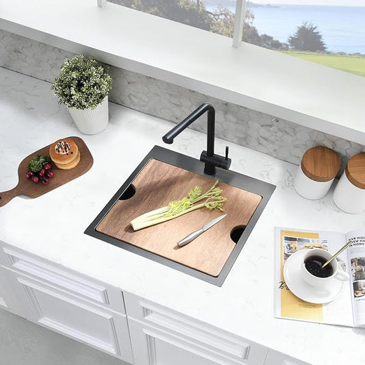 21x20 Black Bar Sink Drop In - 16 Gauge Black Stainless Steel Small Kitchen Sink, 10" Deep Single Bowl Workstation Sinks with Accessories for RV, Outdoor Kitchen & Wet Bar