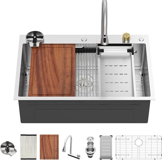 33 Inch Waterfall Kitchen Sink - Beslend 33x22 Drop In Waterfall Sink Workstation Smart Sinks 16 Gauge Stainless Steel Single Bowl Single Basin with Faucet Combo