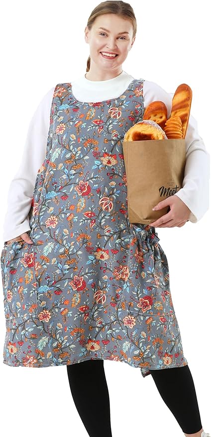 Big Plus Size Aprons for Women with Pockets Cotton Linen Baking Kitchen Cooking
