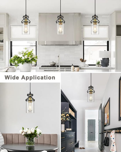 Modern Pendant Light Fixture, Black Gold Farmhouse Hanging Light for Kitchen Island, Industrial Clear Glass Pendant Lighting for Dining Room Bedroom, 3-Pack