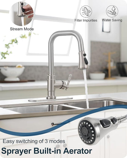 Brushed Nickel Kitchen Faucet with Sprayer, 3 Modes Pull Down Kitchen Sink Faucets, 304 Stainless Steel Suit 3 Hole or 1 Hole with Deck Plate & Pipes