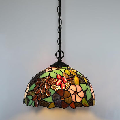 Tiffany Pendant Light Plug-in Stained Glass Hanging Lamp 12”x12”x181” Grape Swag Light Vintage Lighting for Dining Room Living Room Kitchen Hallway Bedroom