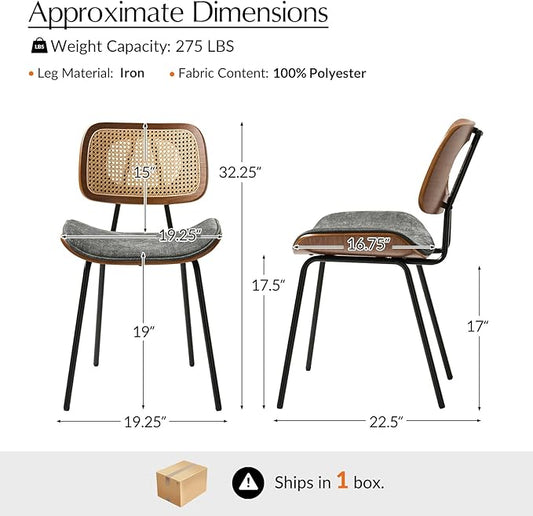 HULALA HOME Rattan Dining Room Chairs Set of 2, Farmhouse Upholstered Kitchen Chair with Square Woven Backrest, Metal Legs, Accent Side Chairs for Dining Living Room Resurant Cafe - Dark Gray