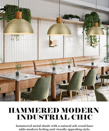 ELYONA 16 Inch Large Hammered Pendant Light Fixtures Ash Wood Vintage Dome Hanging Lamp Antique Gold Metal Kitchen Chandelier for Island, Farmhouse Dining Room Living Room Hallway Brushed Brass