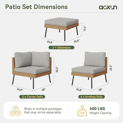 Aoxun 8 Piece Patio Furniture Set, 8 Seats Outdoor Sectional Sofas with Thick Cushion, Wicker Outdoor Patio Furniture Set with Ottomans for Party, Garden, Backyard, Grey
