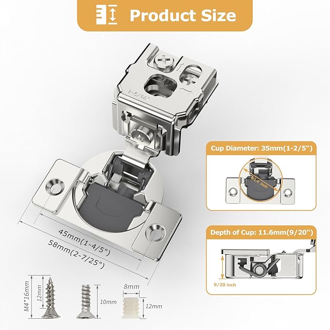 Furniware 60 Pieces 1-5/16 inch Overlay Soft Close Hinges for Kitchen Cabinet Hinges Satin Nickel Hidden Hinges Soft Closing Cabinet Hinges Stainless Steel Concealed Hinge self Closing 105 Degree
