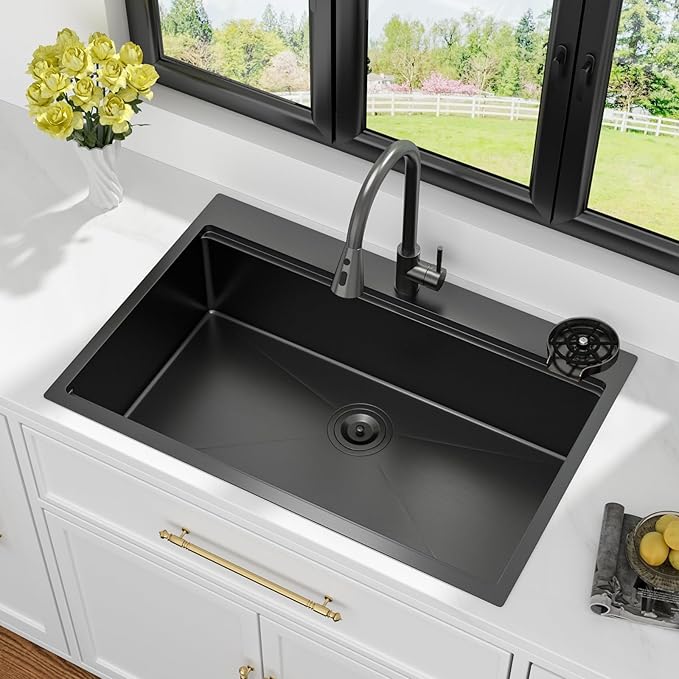 30 Black Kitchen Sink Drop In - Kichae 30 x 22 Drop In Kitchen Sink Workstation Gunmetal Black Nano Coating 304 Stainless Steel 16 Gauge with Glass Rinser & Cutting Board