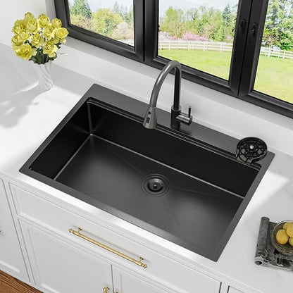 30 Black Kitchen Sink Drop In - Kichae 30 x 22 Drop In Kitchen Sink Workstation Gunmetal Black Nano Coating 304 Stainless Steel 16 Gauge with Glass Rinser & Cutting Board