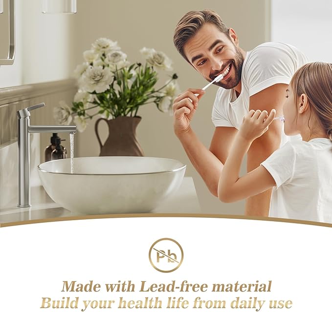 Phiestina Single Hole Tall Brushed Nickel Vessel Bathroom Sink Faucet, One Hole Single Handle Modern Bathroom Faucet, with Pop Up Drain and Water Supply Line,FH01-BN-V