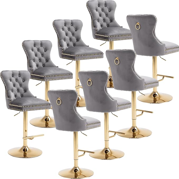 Rhomtree 27-36 Inch Swivel Bar Stools, Adjustable Counter Height Barstools with Tufted High Back & Ring Pull Golden Footrest, Upholstered Bar Chairs for Home Bar Kitchen Island(Grey Set of 8)
