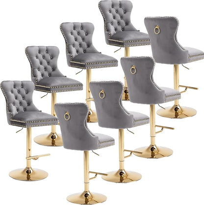 Rhomtree 27-36 Inch Swivel Bar Stools, Adjustable Counter Height Barstools with Tufted High Back & Ring Pull Golden Footrest, Upholstered Bar Chairs for Home Bar Kitchen Island(Grey Set of 8)