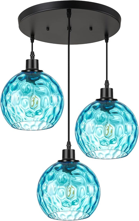 Mid-Century Modern Cluster Pendant Light, 3-Light Adjustable Chandelier with Blue Hammered Glass Globe Shades, Kitchen Island Pendant Lighting for Dining Room, Breakfast Nook, Living Room