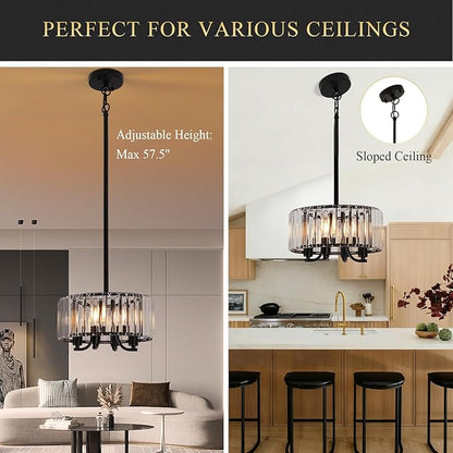 Black Crystal Chandelier, 4-Light Small Modern Semi Flush Mount Ceiling Chandelier Light Fixtures,Round Hanging Lighting Fixture for Bedroom Living Room Kitchen Hallway Entryway, E12 Base, 11.6 Inch