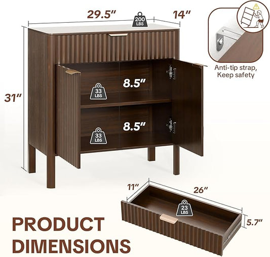 Fluted Buffet Cabinet with Storage - Modern Sideboard Accent Credenza with Doors & Drawer Wood Console Coffee Table Bar Counter for Living Room Kitchen Dining Room Entryway, Easy Assembly 31" Walnut