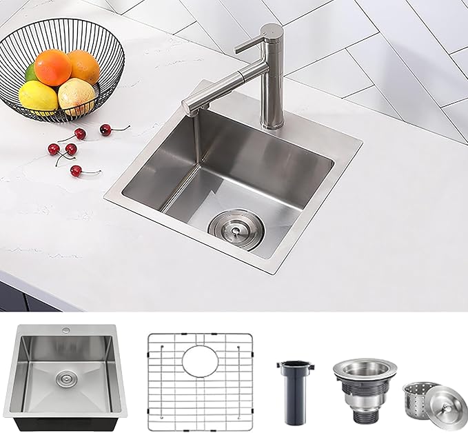 Comllen 15x15 Inch Drop In Bar Sink, Small Kitchen Sinks,18 Gauge Stainless Steel, Top Mount,9 Inch Deep, Single Bowl, Brushed Nickel, Outdoor Bar Sink, RV Kitchen Sink With Bottom Grid & Strainer