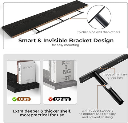 Fun Memories 72 Inch Floating Shelves for Wall, Fireplace Mantel Shelf with Invisible Heavy Duty Bracket, 8 Inch Deep Storage Shelf for Living Room, Kitchen, Farmhouse, Black (2-Pack)