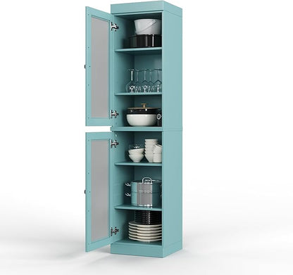 Palace Imports Solid Wood Kitchen Pantry Cabinet w/Frosted Glass Doors - Narrow Storage Cabinet - 16.5" Wide x 71.5" Tall - Aqua, Adjustable Shelves, 100% Eco-Friendly Wood, Modular Cabinets