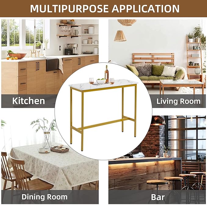 44.5" Bar Table, Pub Table with Adjustable Feet Floor Protector, Narrow Rectangular Kitchen Counter Bar Tables, Sofa High Top Bar Tables with Gold Metal Legs, White