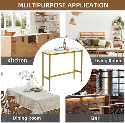 44.5" Bar Table, Pub Table with Adjustable Feet Floor Protector, Narrow Rectangular Kitchen Counter Bar Tables, Sofa High Top Bar Tables with Gold Metal Legs, White