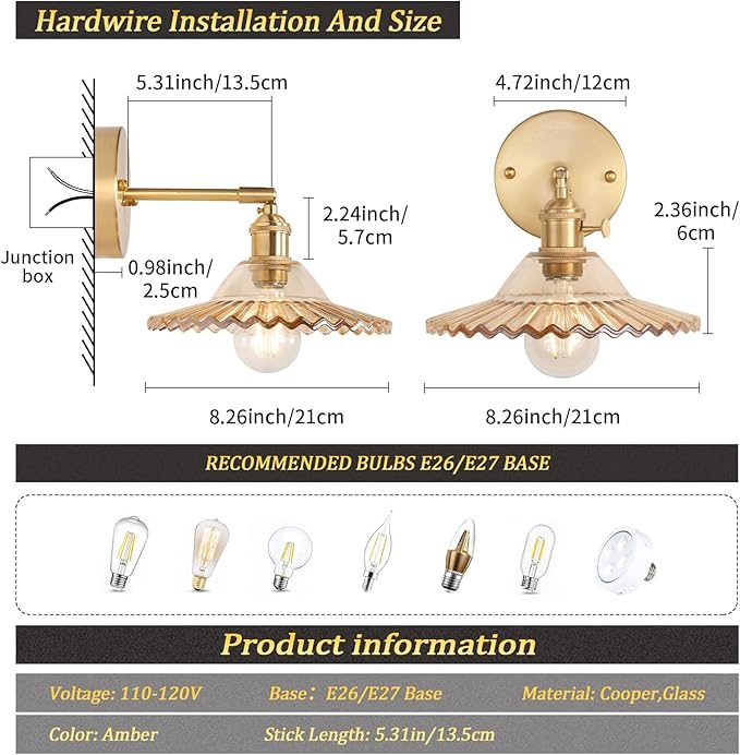 Shenmoyl Vintage Wall Sconces with Amber Lotus Glass Lampshade 180 Degree Adjustable Brass Sconces Hradwired Modern Wall Lighting Fixture with Switch for Bedside Bedroom Doorway