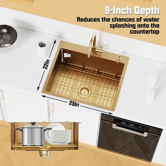 Gold 25"x22" Stainless Steel Drop-In Single Bowl Kitchen Sink - Topmount With Gold-Tone Accessories, Rack, Grid, and Drain Assembly for Modern Luxurious Look