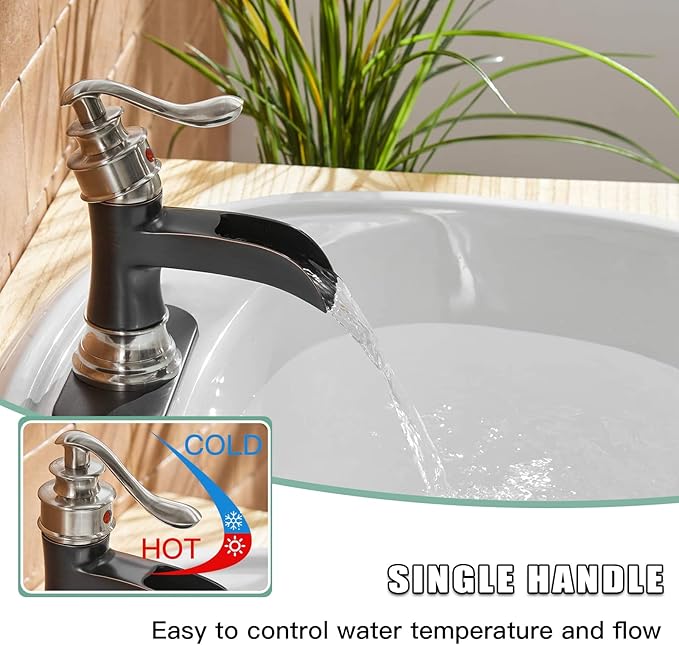 BWE Waterfall Bathroom Faucet Single Hole Oil Rubbed Bronze with Brushed Nickel for Bathroom Sink Farmhouse Single Handle Vanity Faucets Lavatory Mixer Tap
